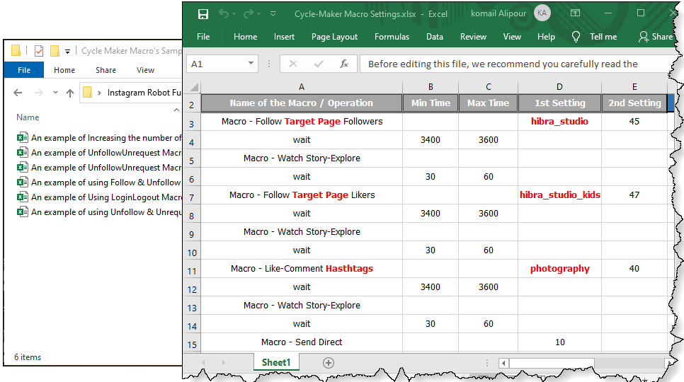 using an Excel file to configure of the Cycle Maker, for the Instagram robot