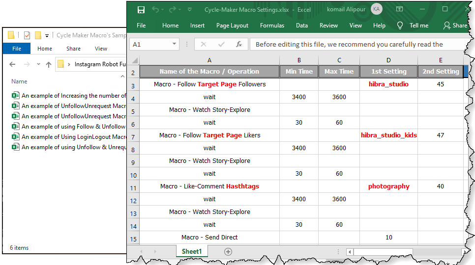 using an Excel file to configure of the Cycle Maker, for the Instagram robot