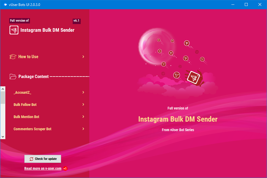 The general view of the full version of the Instagram Bulk DM Sender