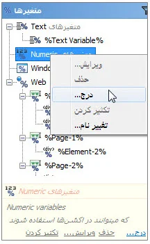 منوی درج متغیر Numeric در برنامه ویراستار