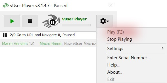 pause/play submenu of the Player application