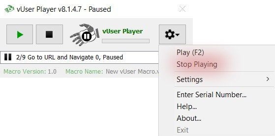 stop menu item of the Player application