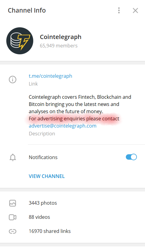Telegram channel bio section