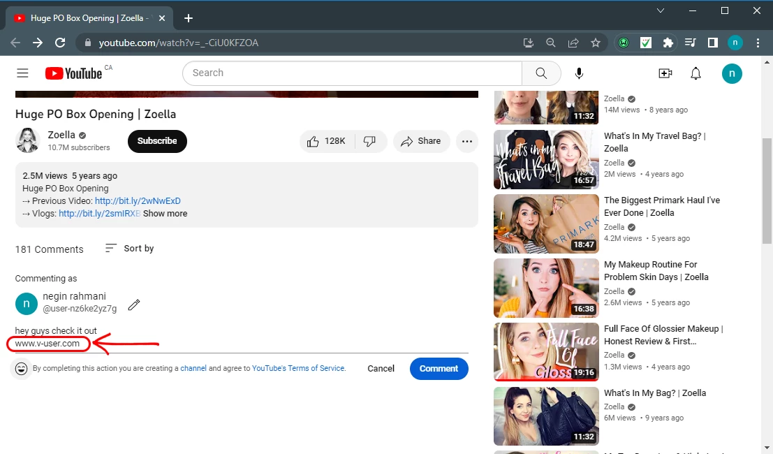 Inserting your website link in youtube video comment