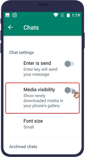 جلوگیری از ذخیره خودکار عکس‌های واتساپ در گالری با غیرفعال کردن گزینه‌ی Media visibility