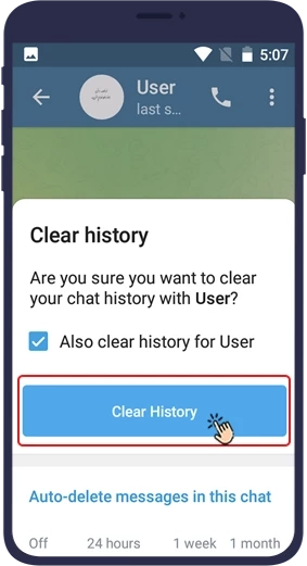 روش دوم: نحوه پاک کردن پیام در تلگرام با استفاده از Clear History