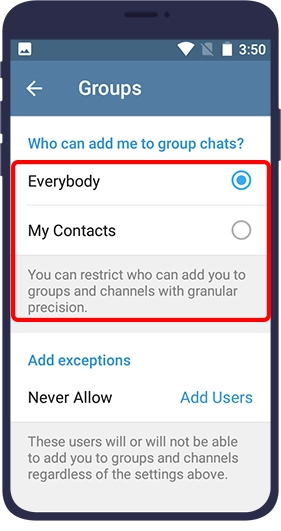 مراحل جلوگیری از اد شدن در گروه تلگرام